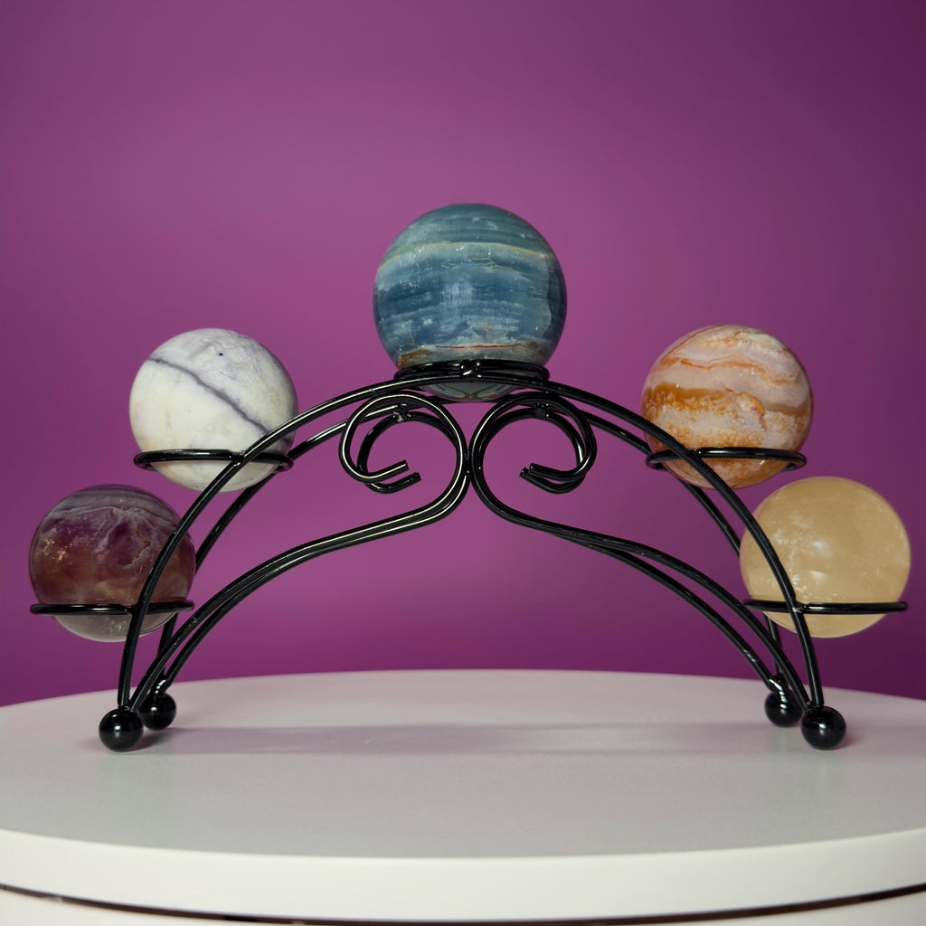 Mini Crystal Sphere Collection with Decorative Black Metal Stand | Collector Display