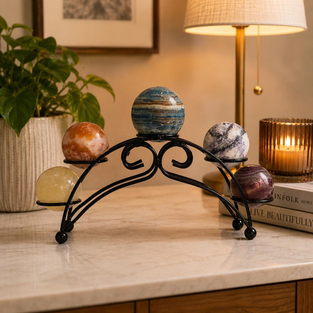 Mini Crystal Sphere Collection with Decorative Black Metal Stand | Collector Display