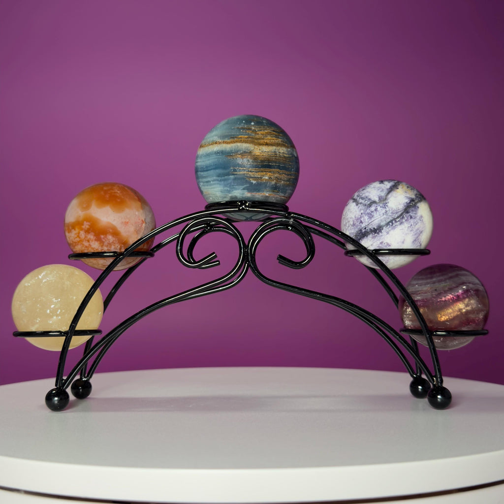 Mini Crystal Sphere Collection with Decorative Black Metal Stand | Collector Display