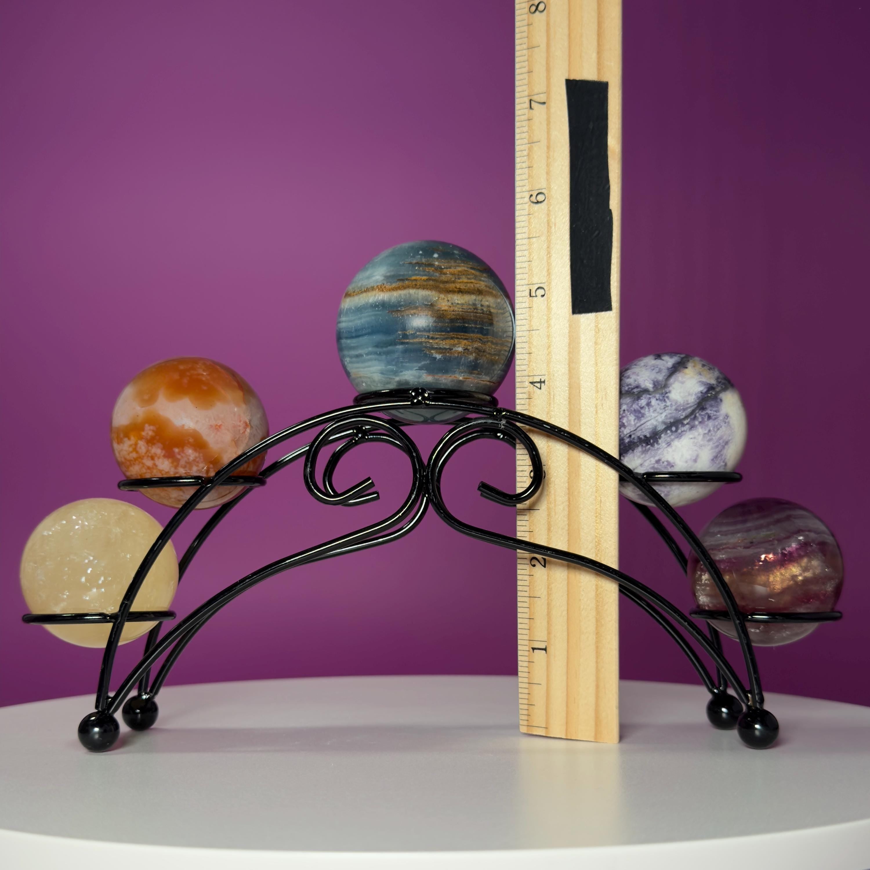 Mini Crystal Sphere Collection with Decorative Black Metal Stand | Collector Display