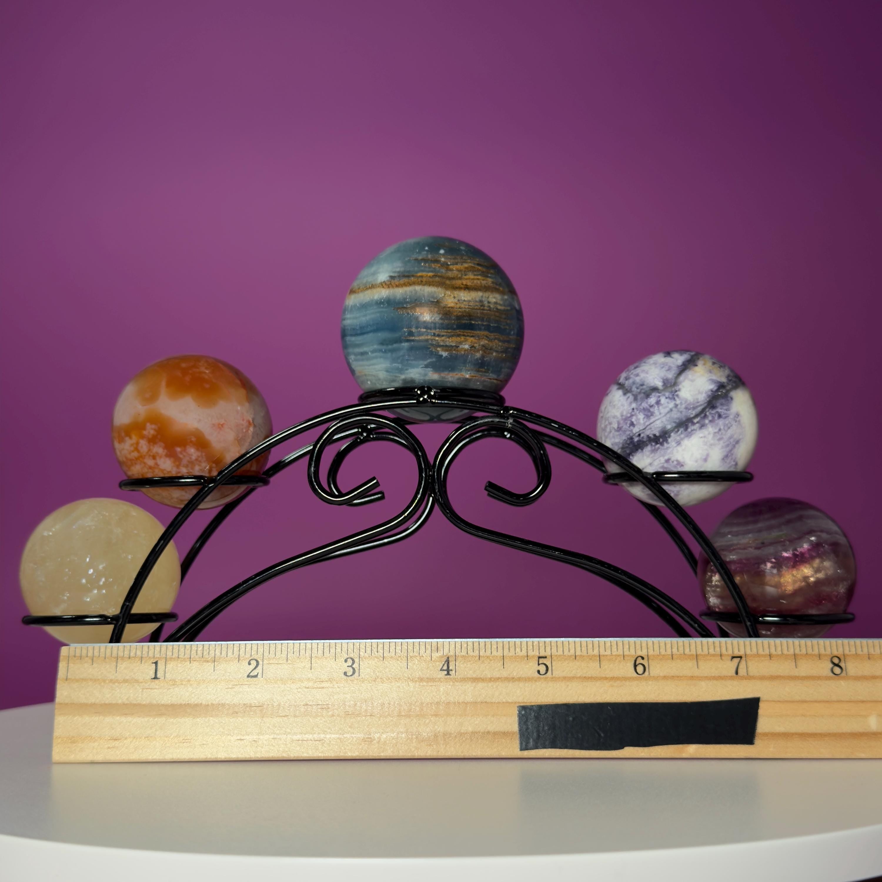 Mini Crystal Sphere Collection with Decorative Black Metal Stand | Collector Display