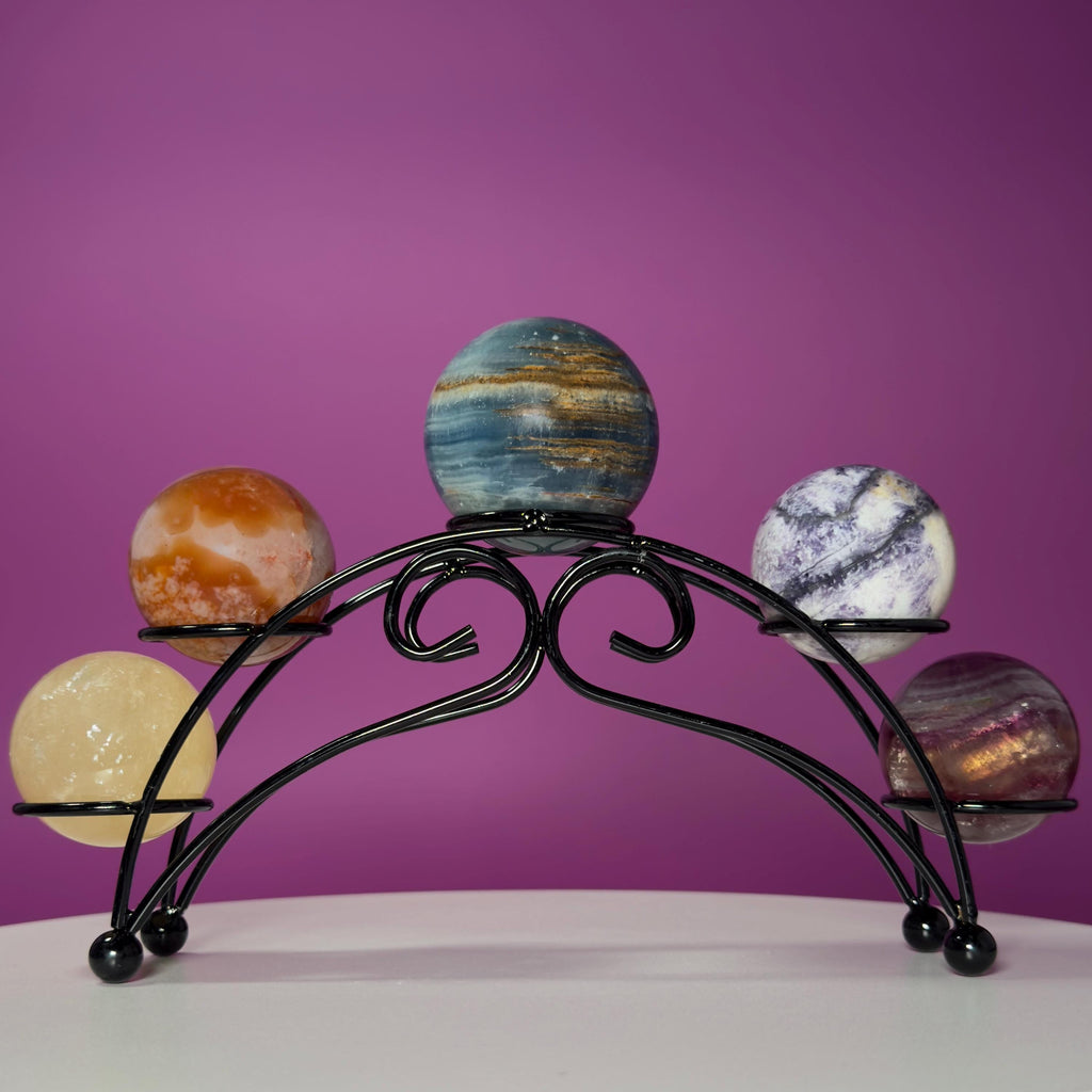 Mini Crystal Sphere Collection with Decorative Black Metal Stand | Collector Display