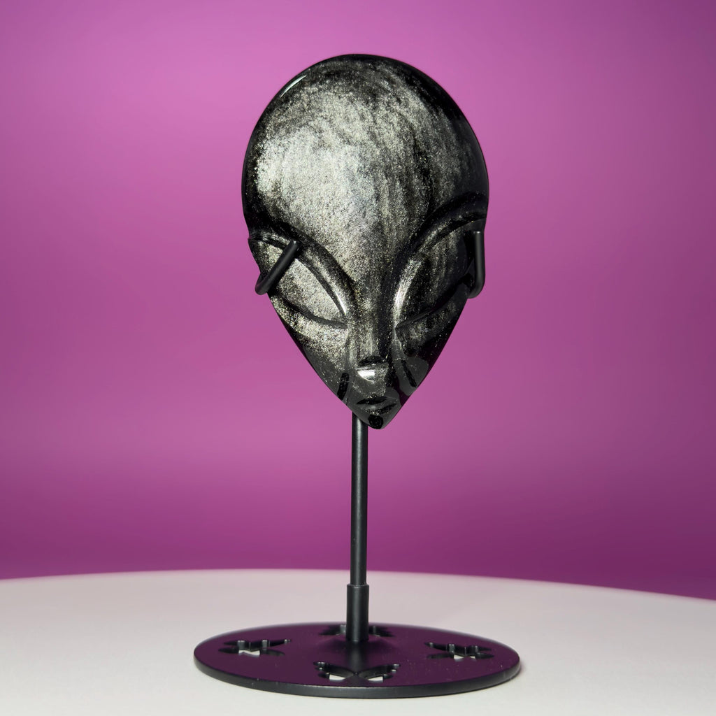 Silver Sheen Obsidian Alien Face Carving, Crystal Display Stand, Protection Stone