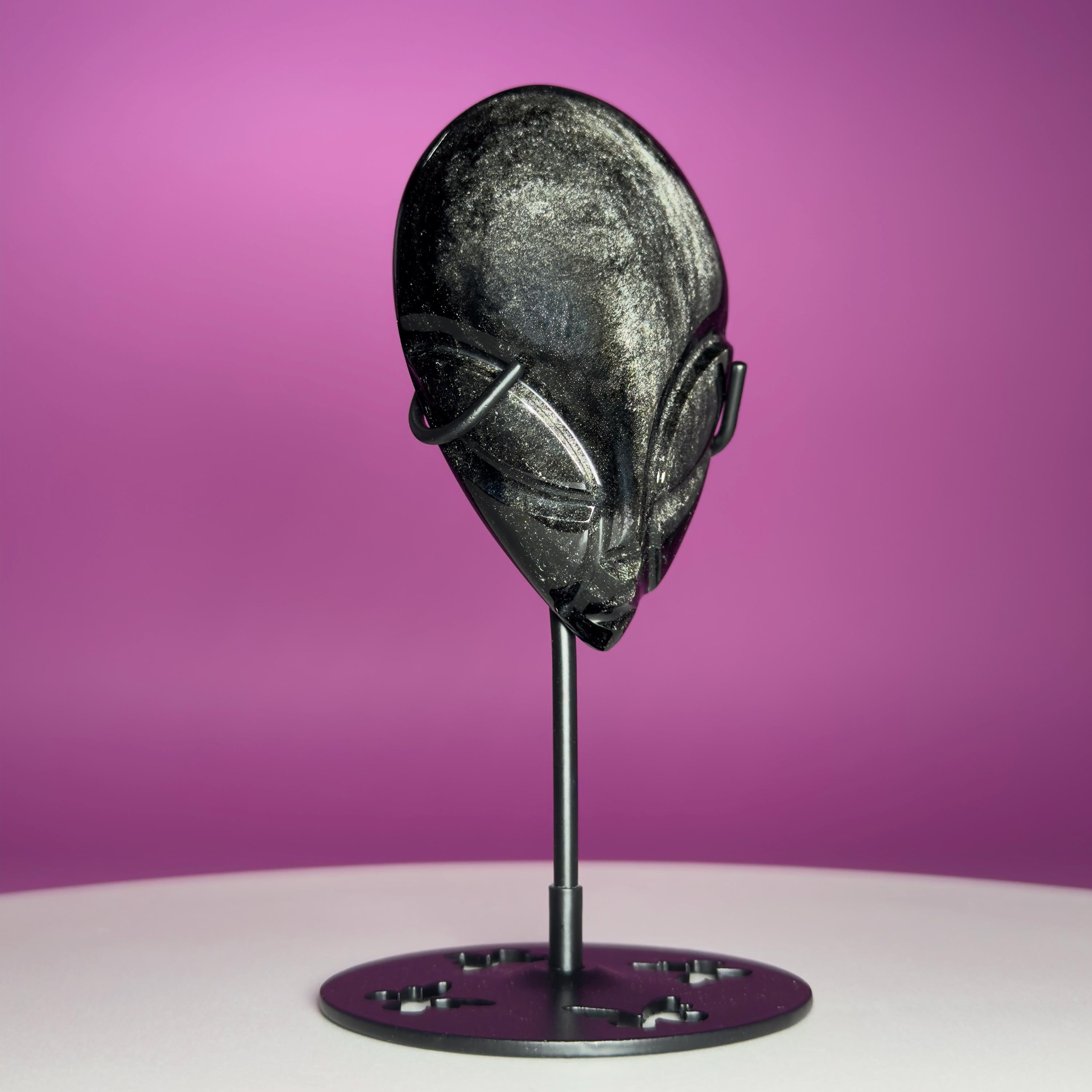Silver Sheen Obsidian Alien Face Carving, Crystal Display Stand, Protection Stone
