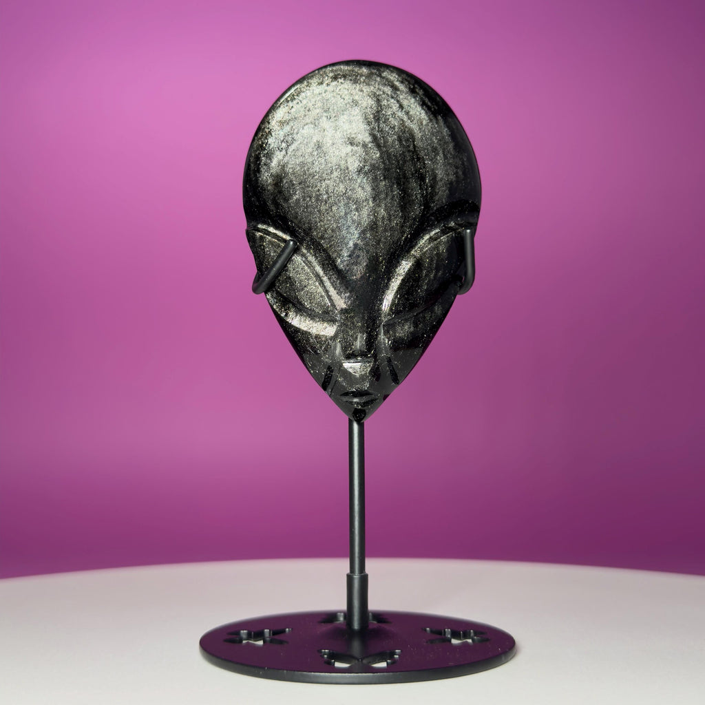Silver Sheen Obsidian Alien Face Carving, Crystal Display Stand, Protection Stone