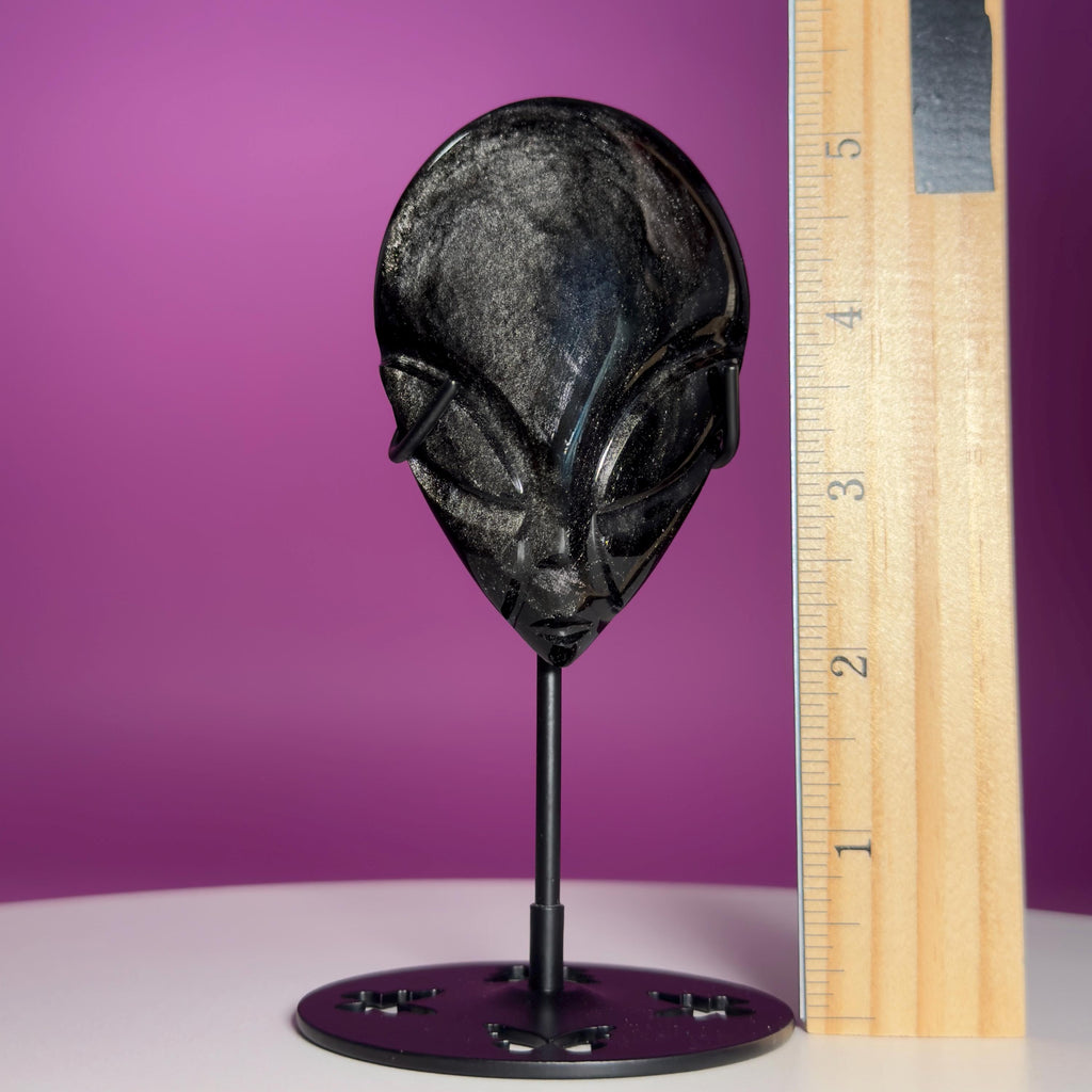 Silver Sheen Obsidian Alien Face Carving, Crystal Display Stand, Protection Stone