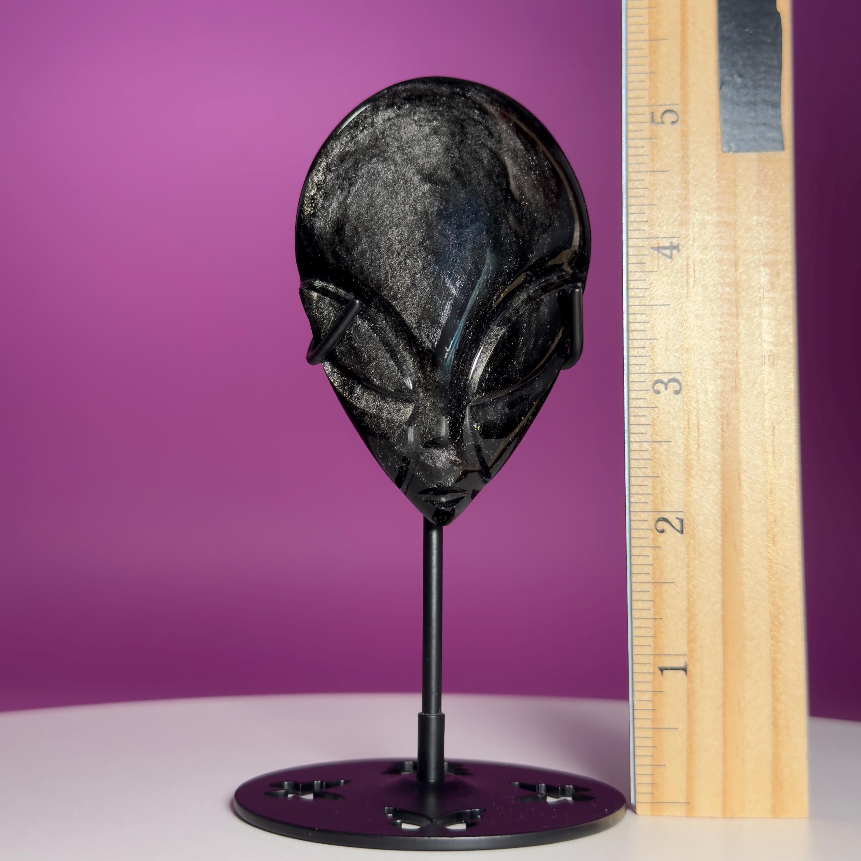 Silver Sheen Obsidian Alien Face Carving, Crystal Display Stand, Protection Stone