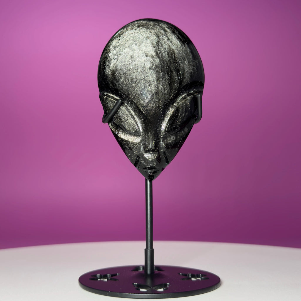 Silver Sheen Obsidian Alien Face Carving, Crystal Display Stand, Protection Stone