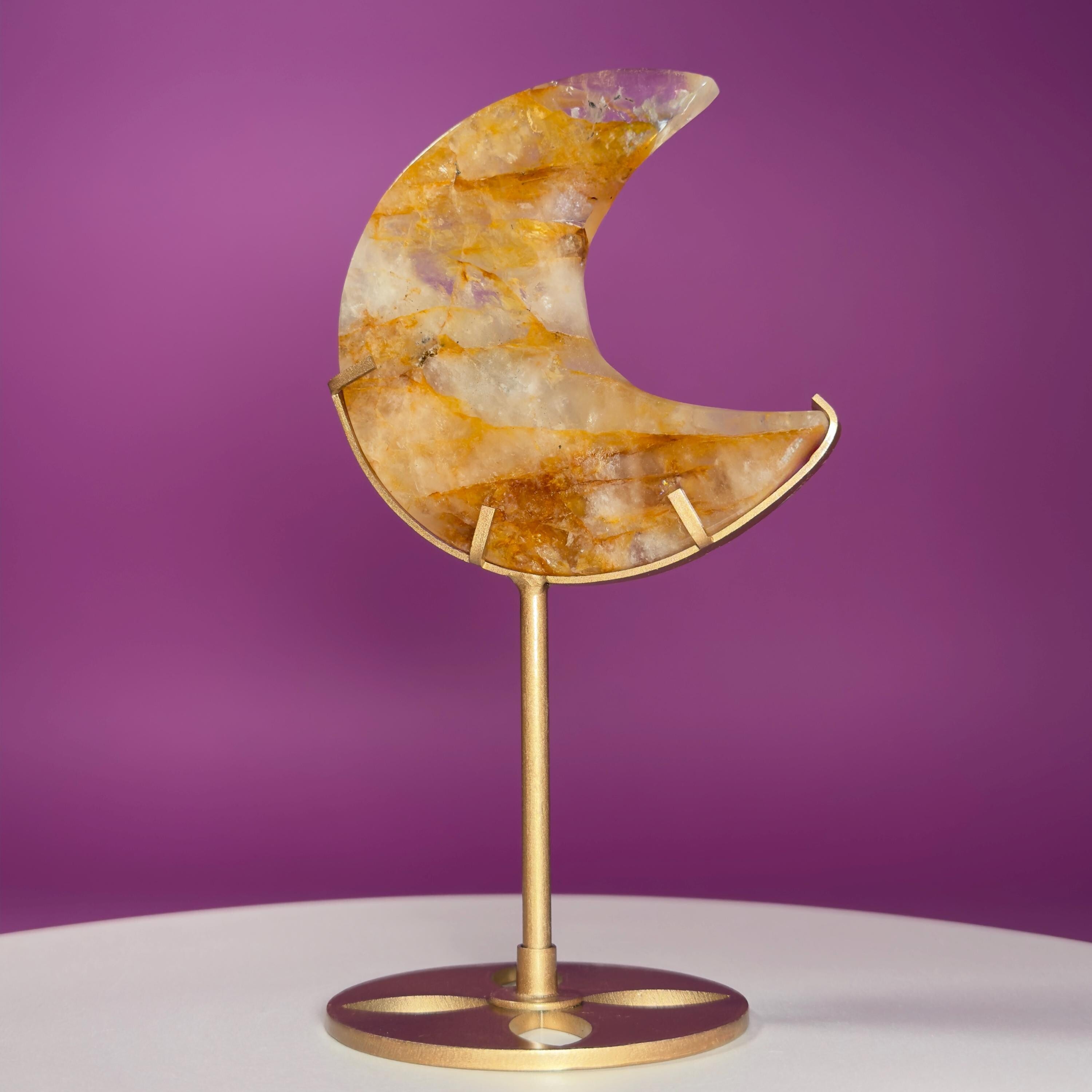 Golden Healer Moon Carving on Gold Stand | Crystal Décor