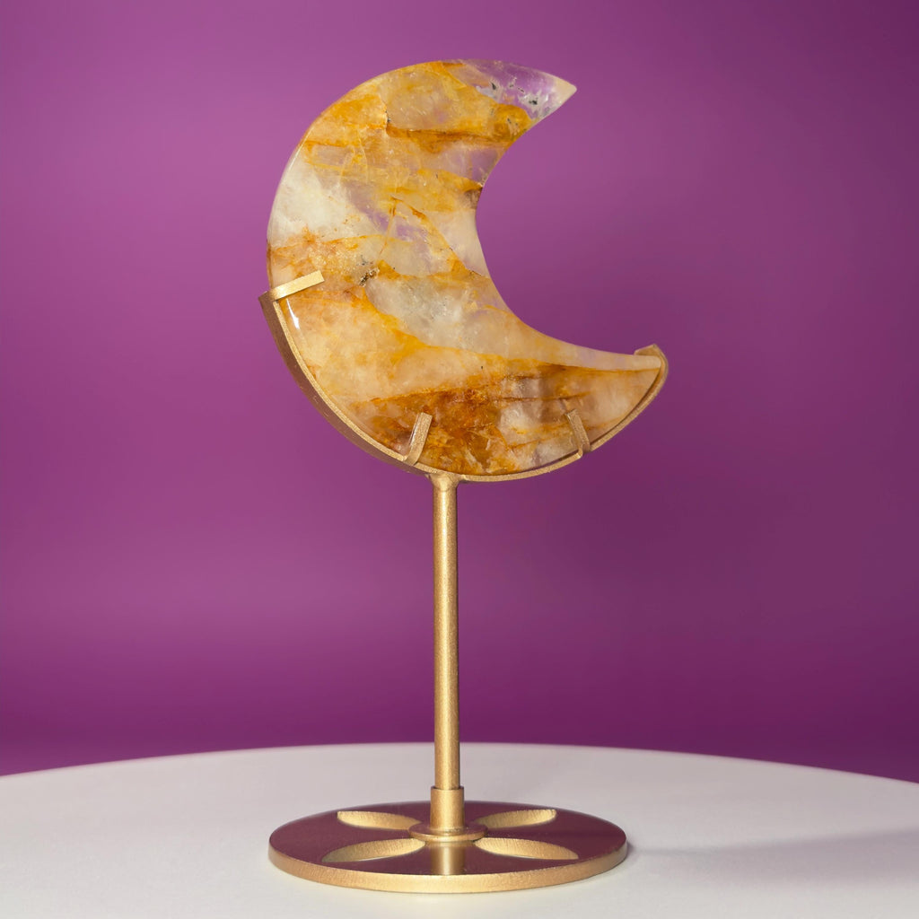 Golden Healer Moon Carving on Gold Stand | Crystal Décor