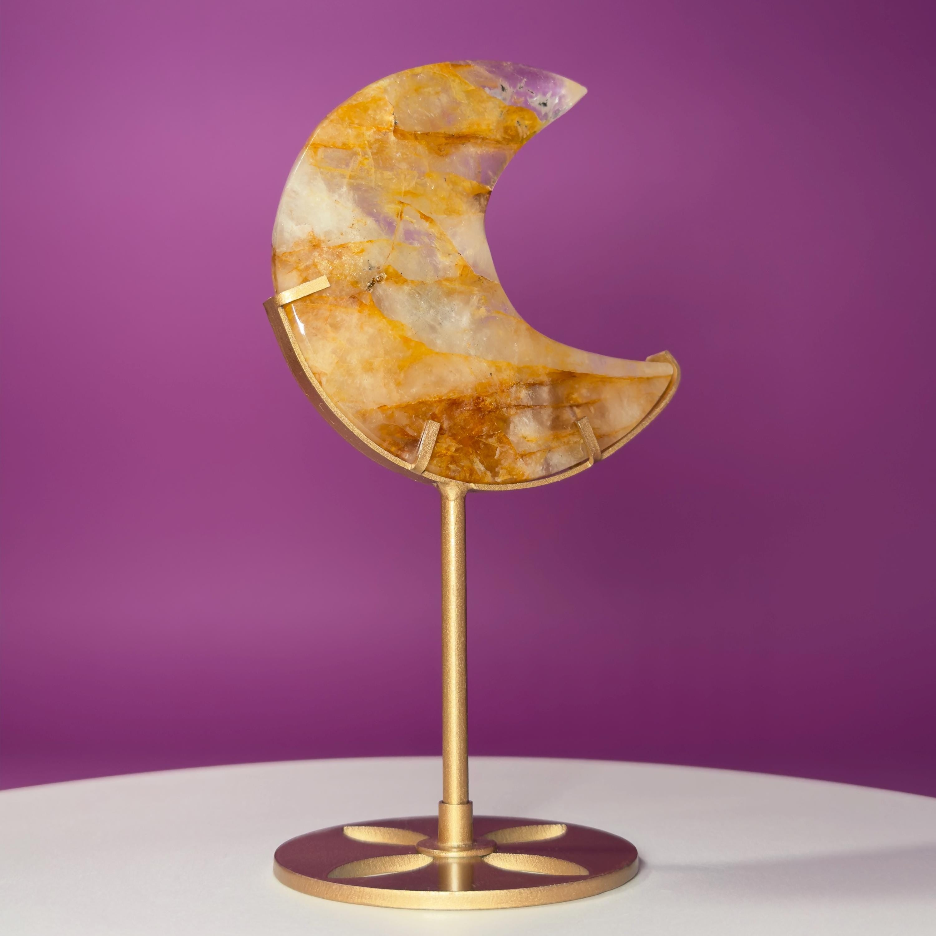 Golden Healer Moon Carving on Gold Stand | Crystal Décor