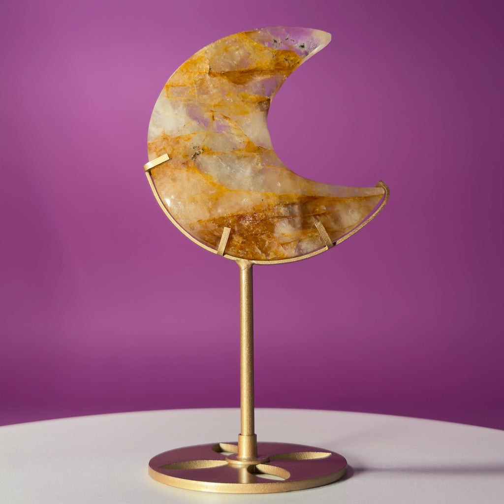 Golden Healer Moon Carving on Gold Stand | Crystal Décor