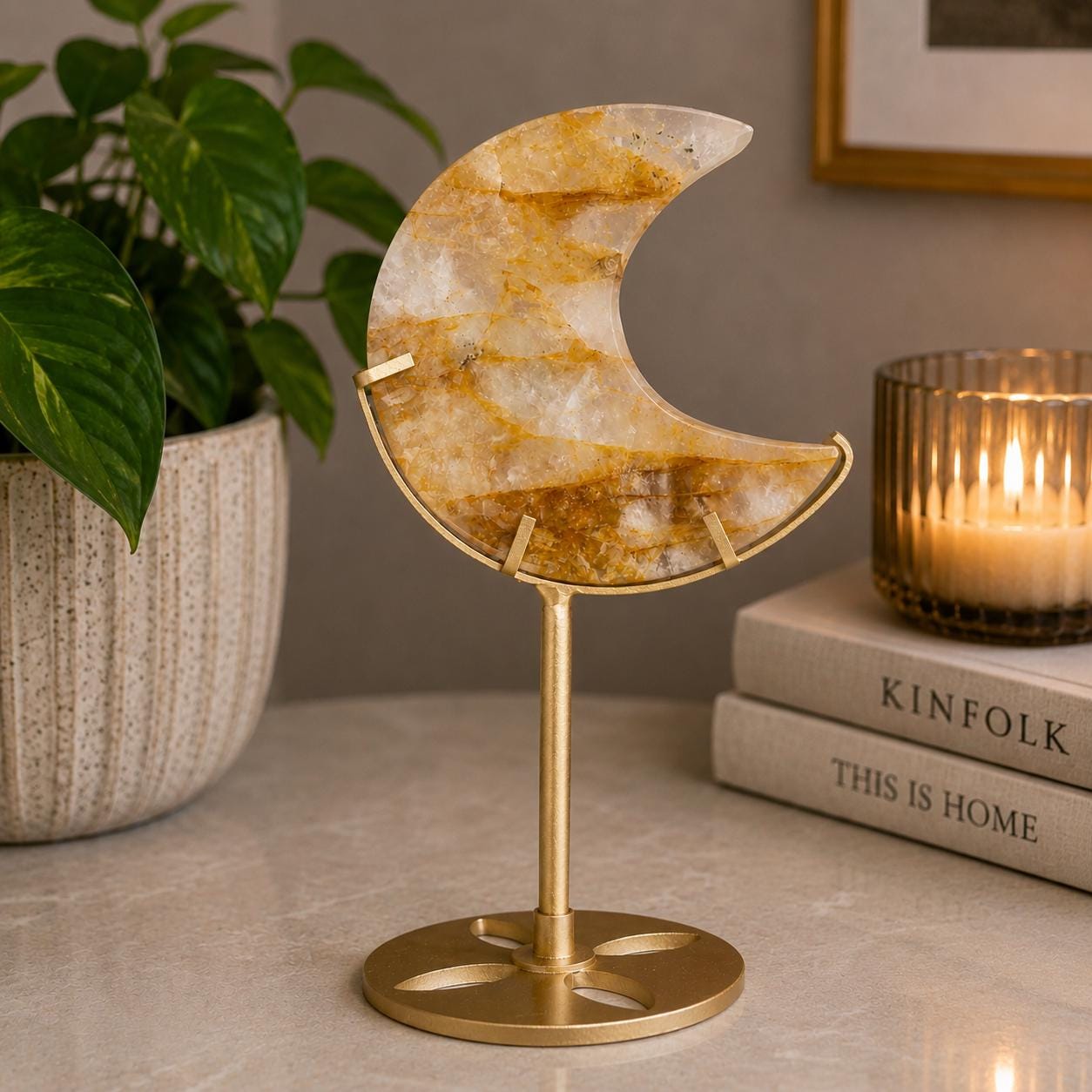 Golden Healer Moon Carving on Gold Stand | Crystal Décor