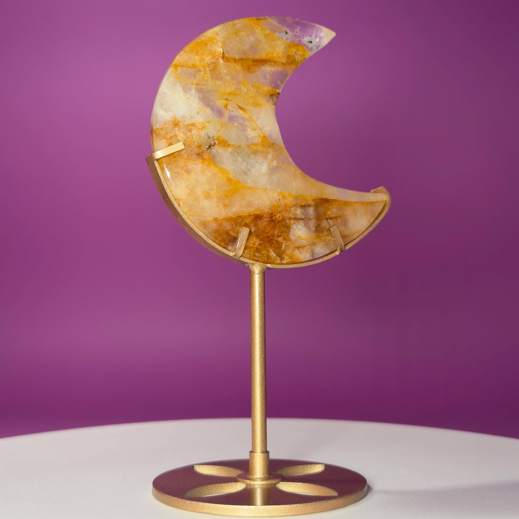 Golden Healer Moon Carving on Gold Stand | Crystal Décor