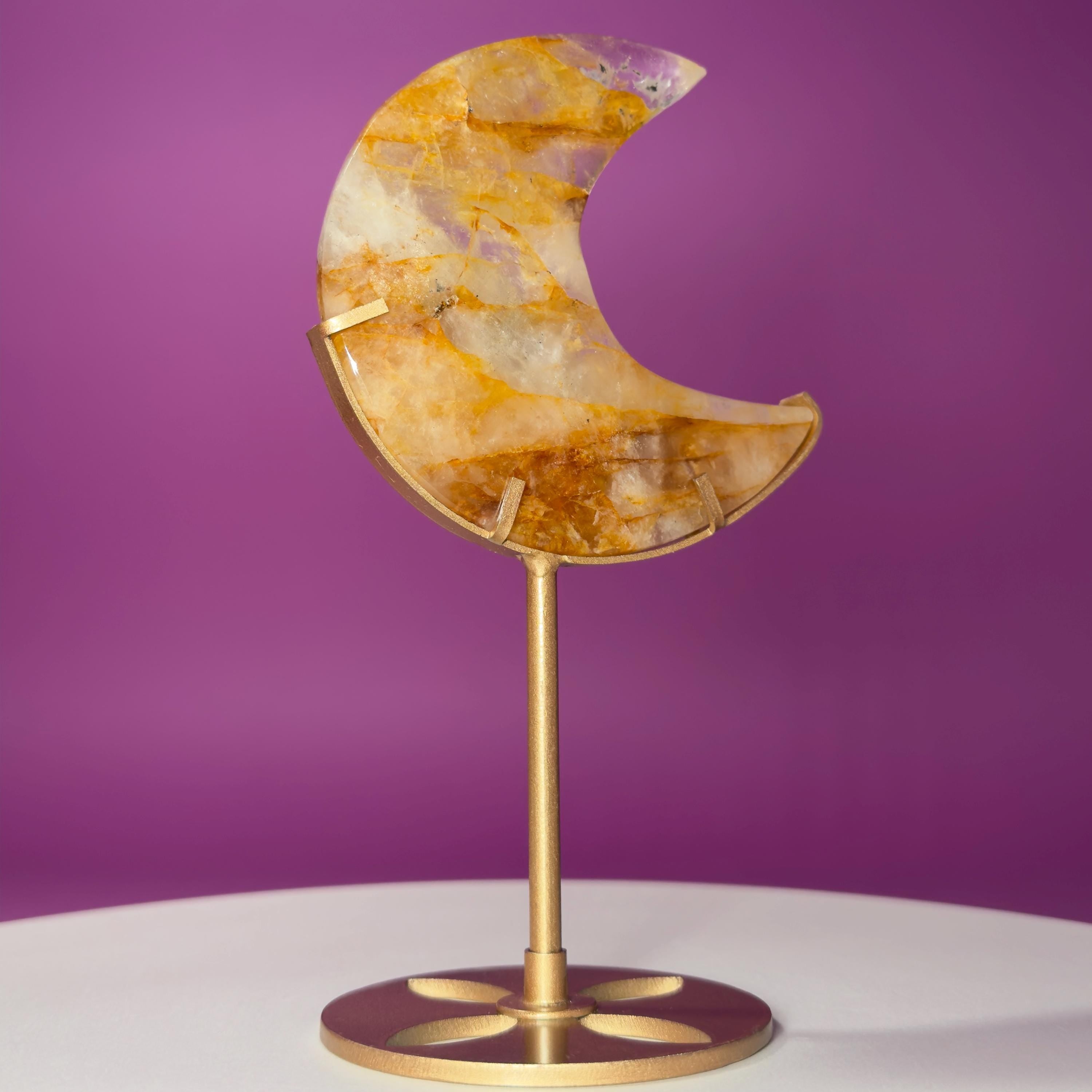 Golden Healer Moon Carving on Gold Stand | Crystal Décor