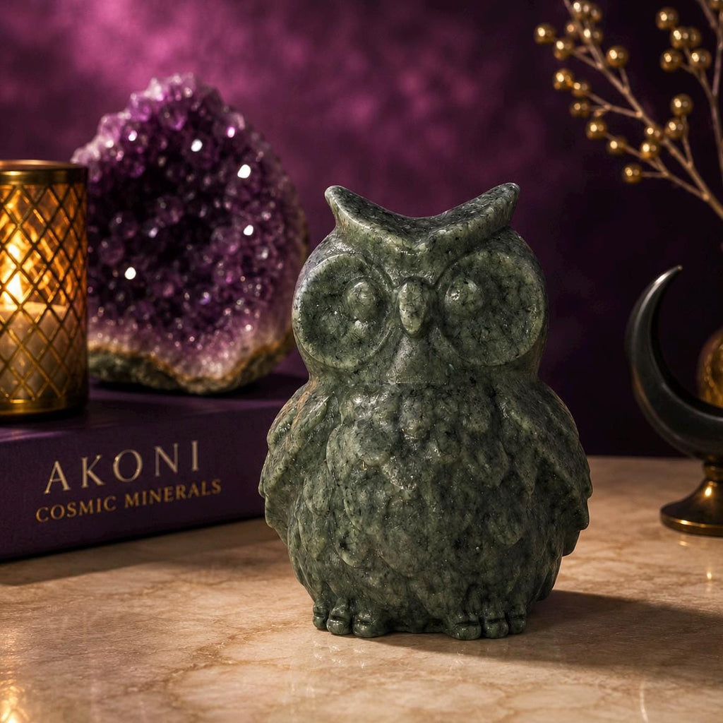Jade Owl Carving | Wisdom & Protection Crystal Statue