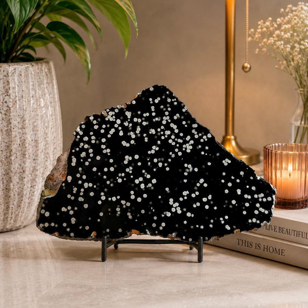 Stardust Obsidian Slab, Celestial Display Stone, Collector Decor with Black Metal Stand