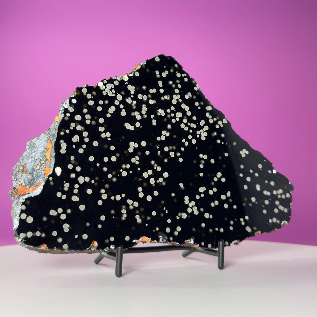 Stardust Obsidian Slab, Celestial Display Stone, Collector Decor with Black Metal Stand