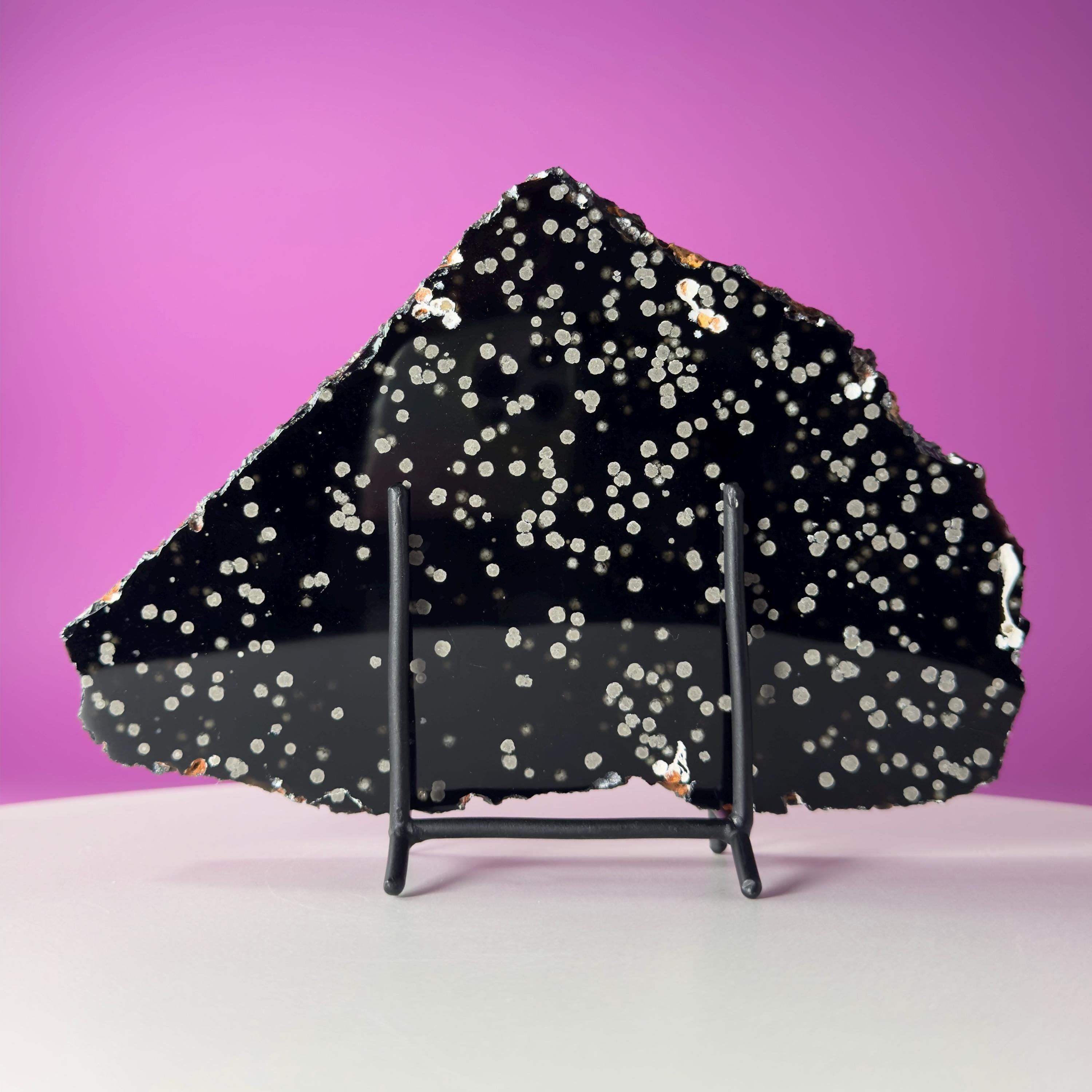 Stardust Obsidian Slab, Celestial Display Stone, Collector Decor with Black Metal Stand