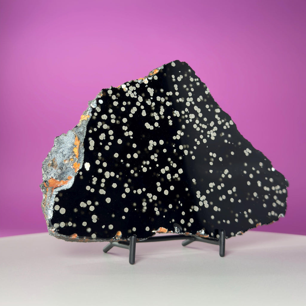 Stardust Obsidian Slab, Celestial Display Stone, Collector Decor with Black Metal Stand