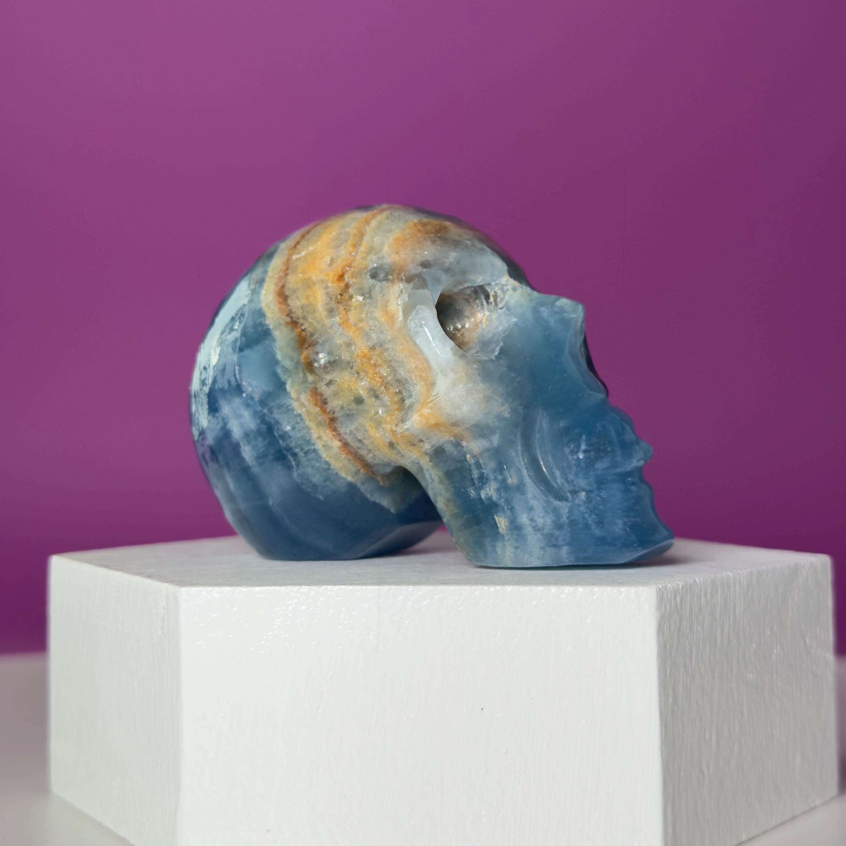 Blue Onyx Skull Carving | Banded Blue Crystal Skull Display Piece