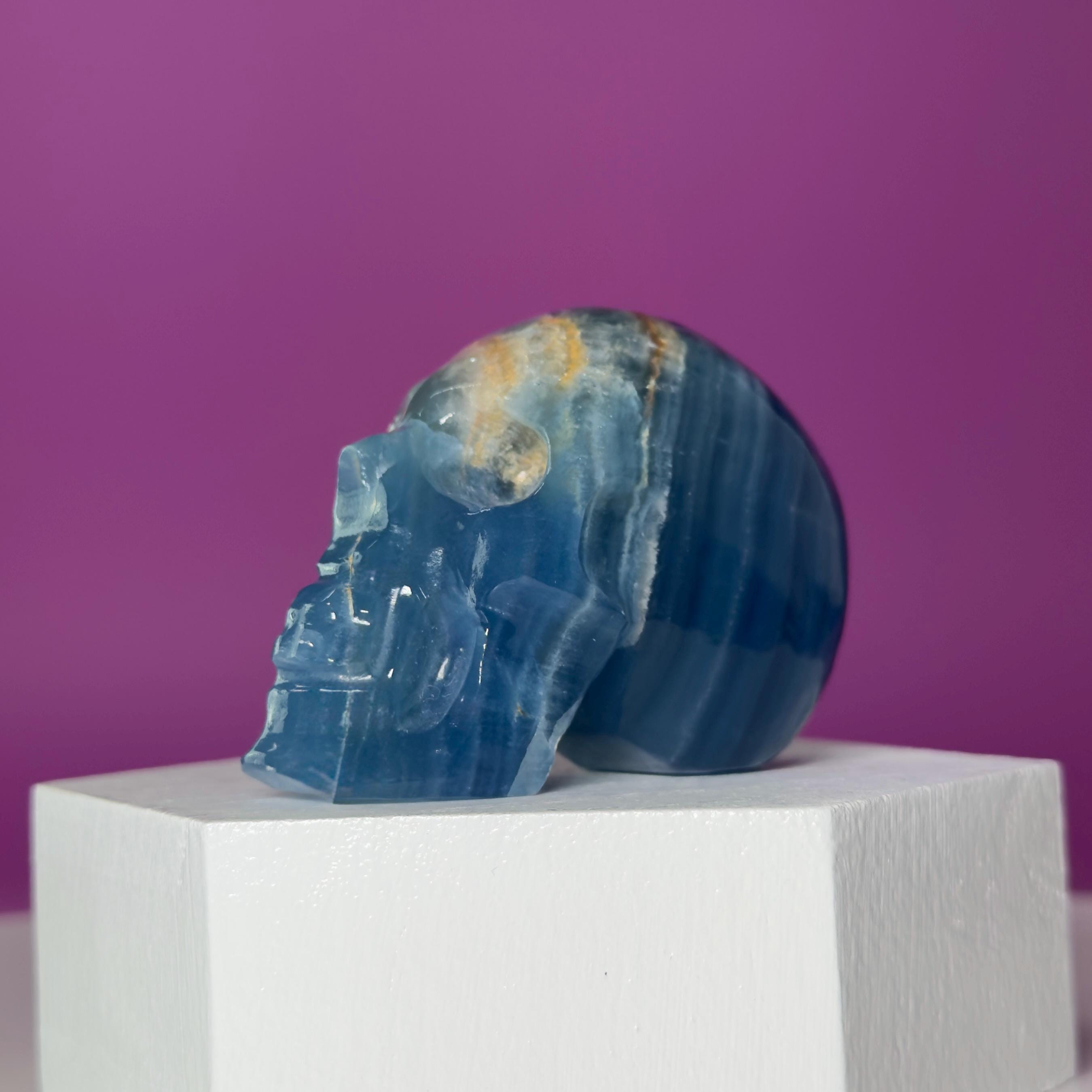 Blue Onyx Skull Carving | Banded Blue Crystal Skull Display Piece