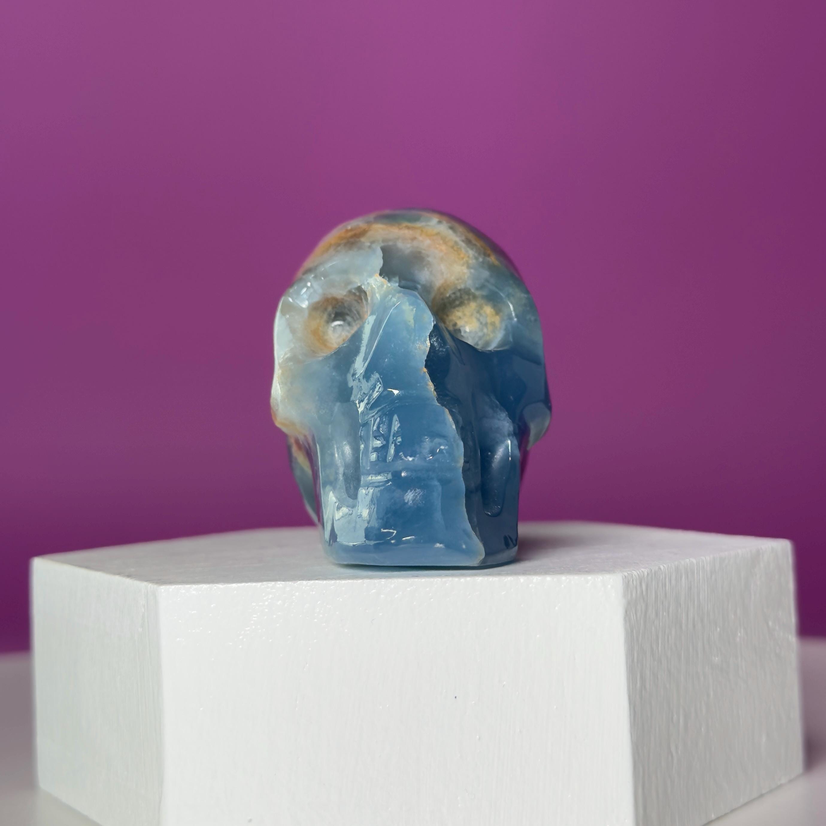 Blue Onyx Skull Carving | Banded Blue Crystal Skull Display Piece