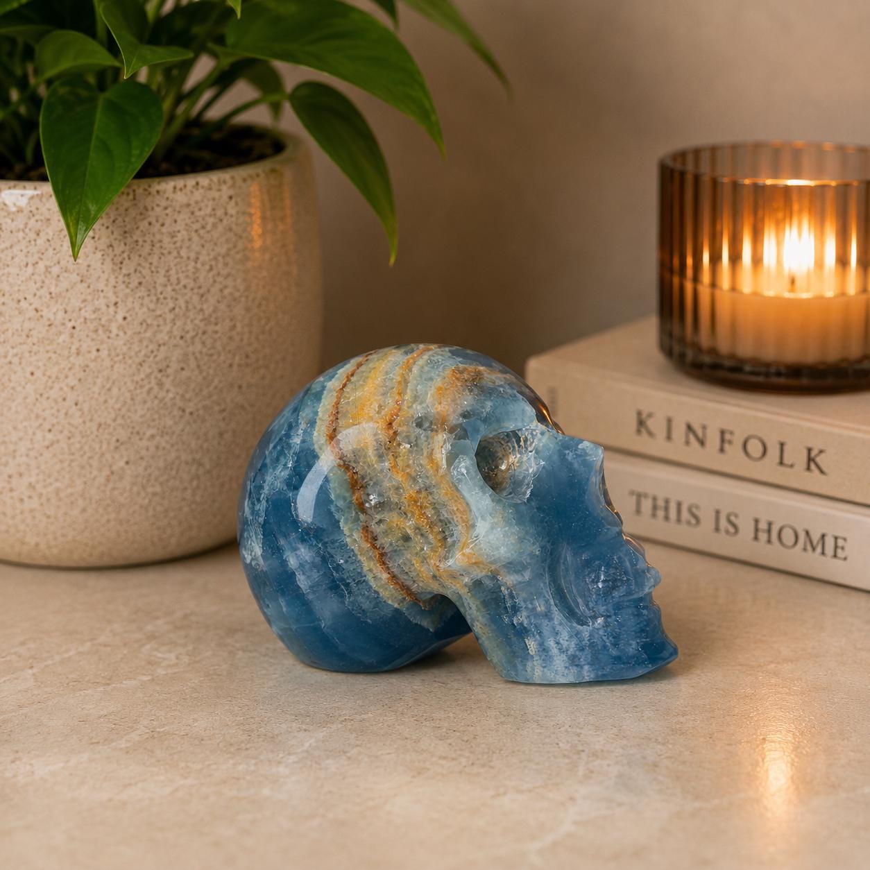 Blue Onyx Skull Carving | Banded Blue Crystal Skull Display Piece
