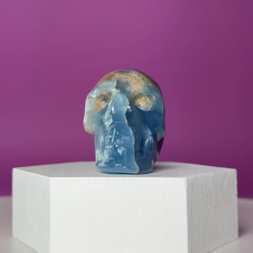 Blue Onyx Skull Carving | Banded Blue Crystal Skull Display Piece