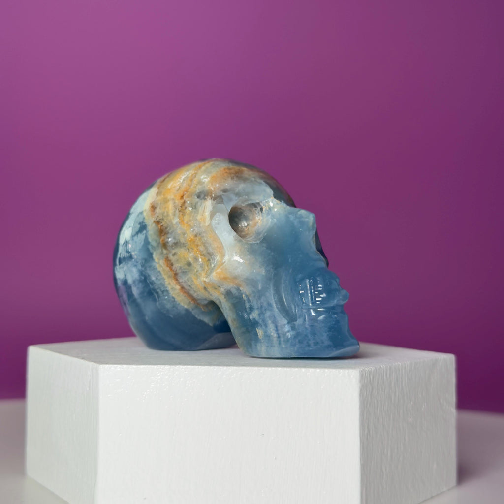 Blue Onyx Skull Carving | Banded Blue Crystal Skull Display Piece