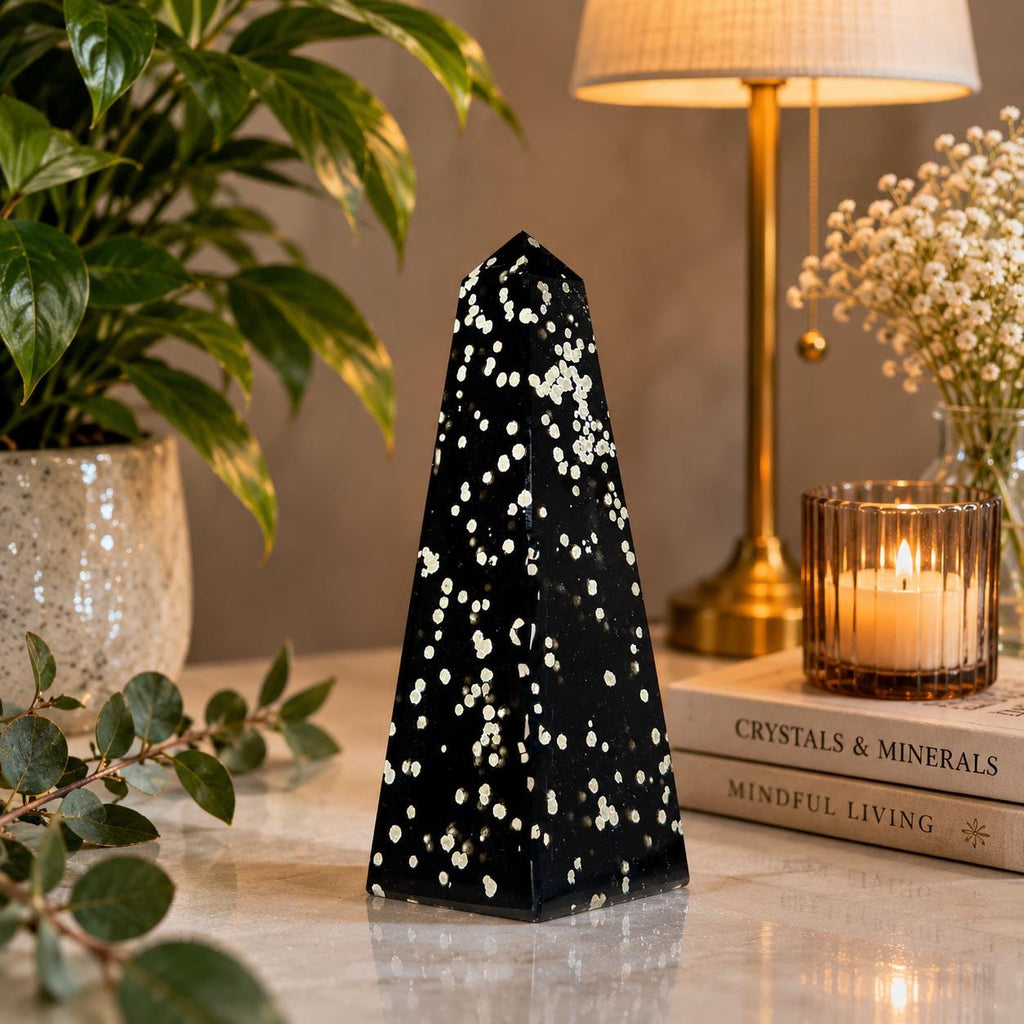 Stardust Obsidian Obelisk, Celestial Protection Crystal Point, Collector Decor Stone