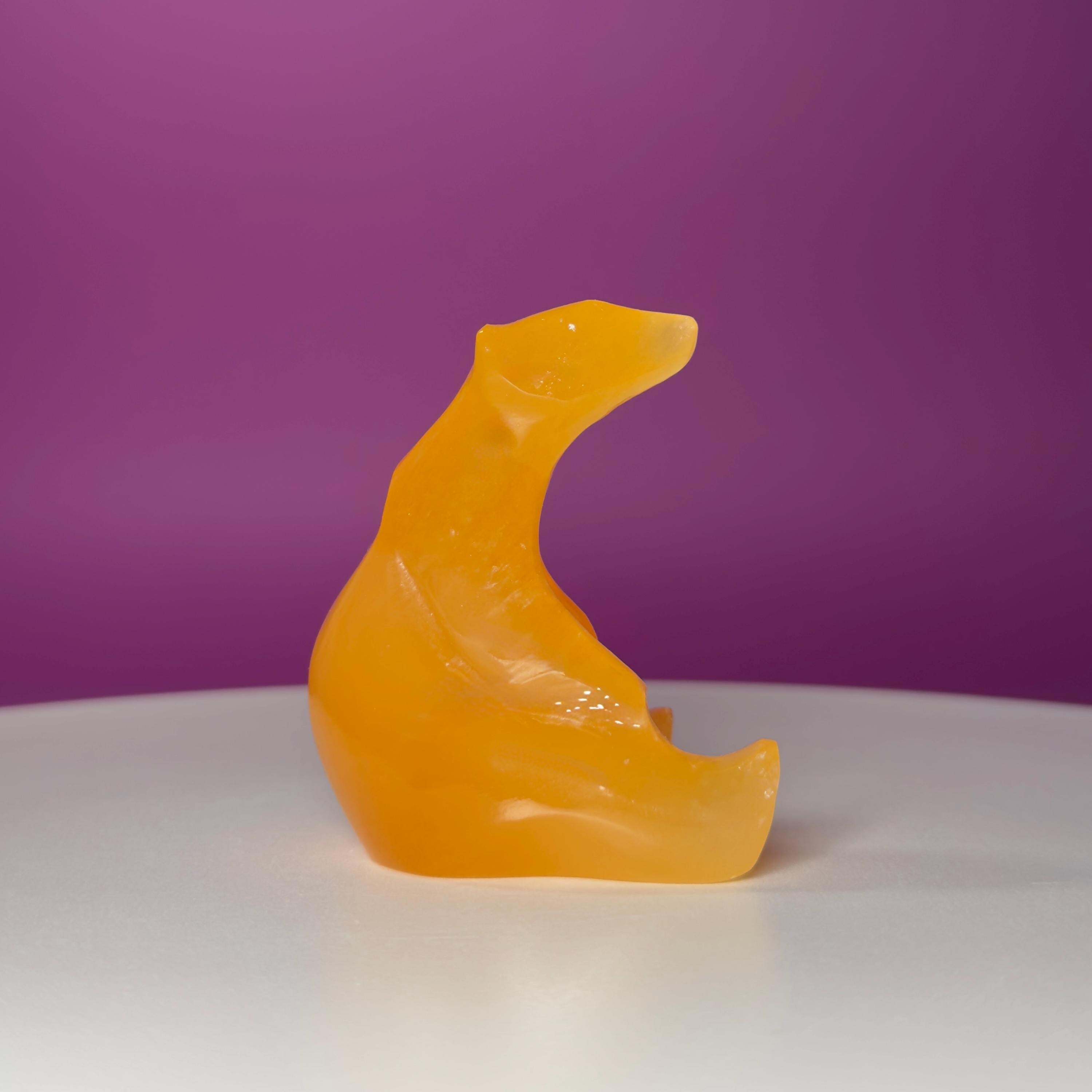 Orange Calcite Polar Bear Carving, Crystal Animal Figurine, Arctic Décor Gift