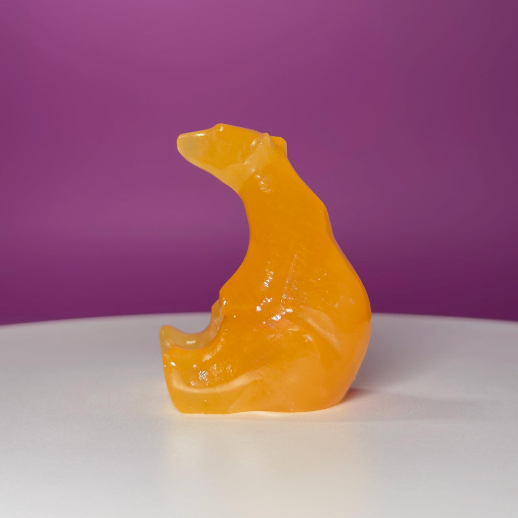 Orange Calcite Polar Bear Carving, Crystal Animal Figurine, Arctic Décor Gift