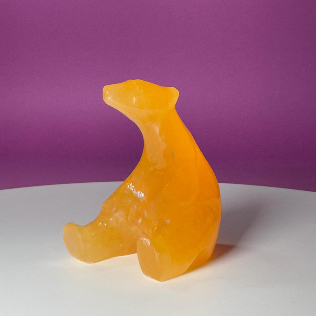 Orange Calcite Polar Bear Carving, Crystal Animal Figurine, Arctic Décor Gift