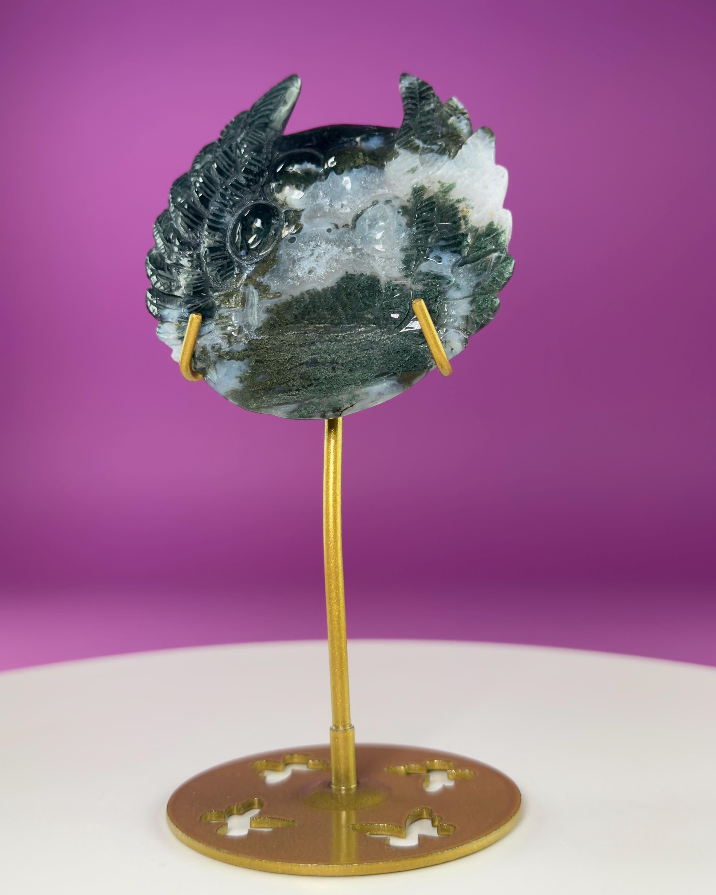 Moss Agate Paw Print Wings Crystal Carving on Gold Metal Stand