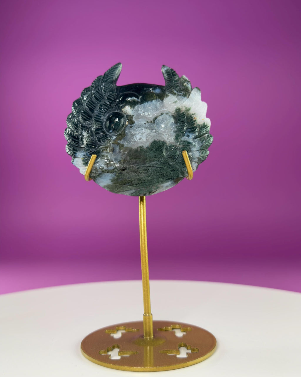 Moss Agate Paw Print Wings Crystal Carving on Gold Metal Stand