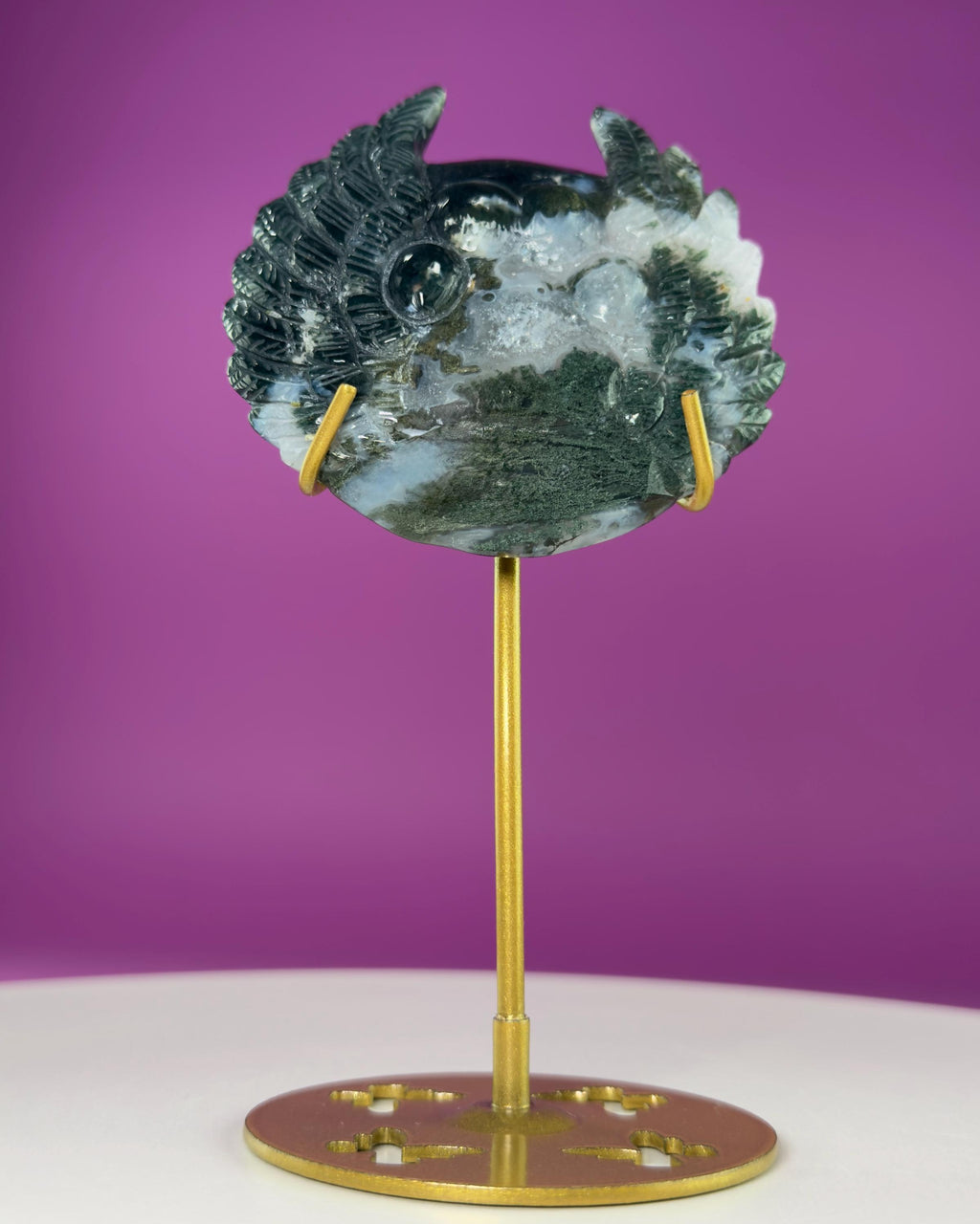 Moss Agate Paw Print Wings Crystal Carving on Gold Metal Stand