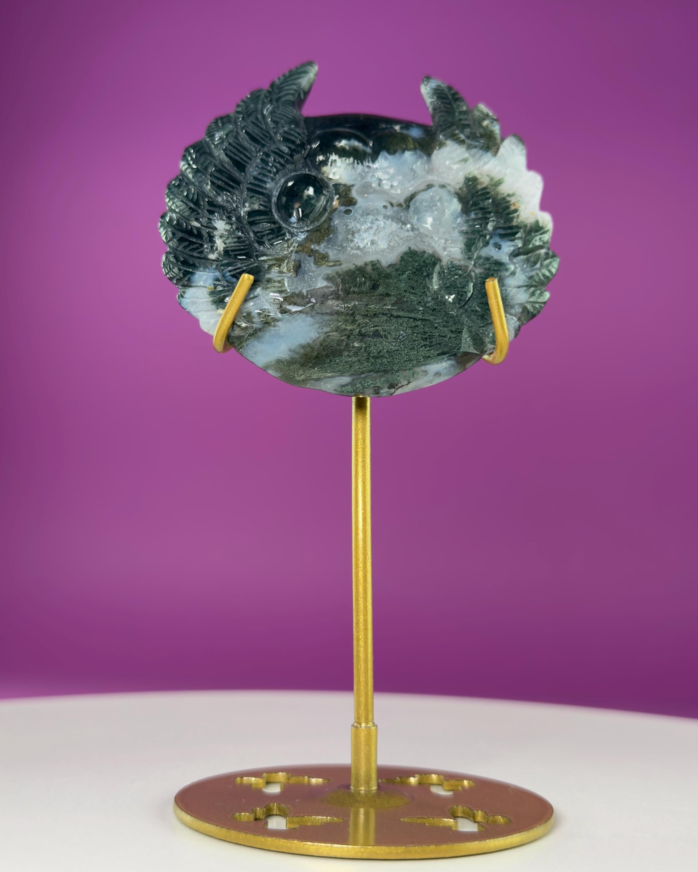 Moss Agate Paw Print Wings Crystal Carving on Gold Metal Stand