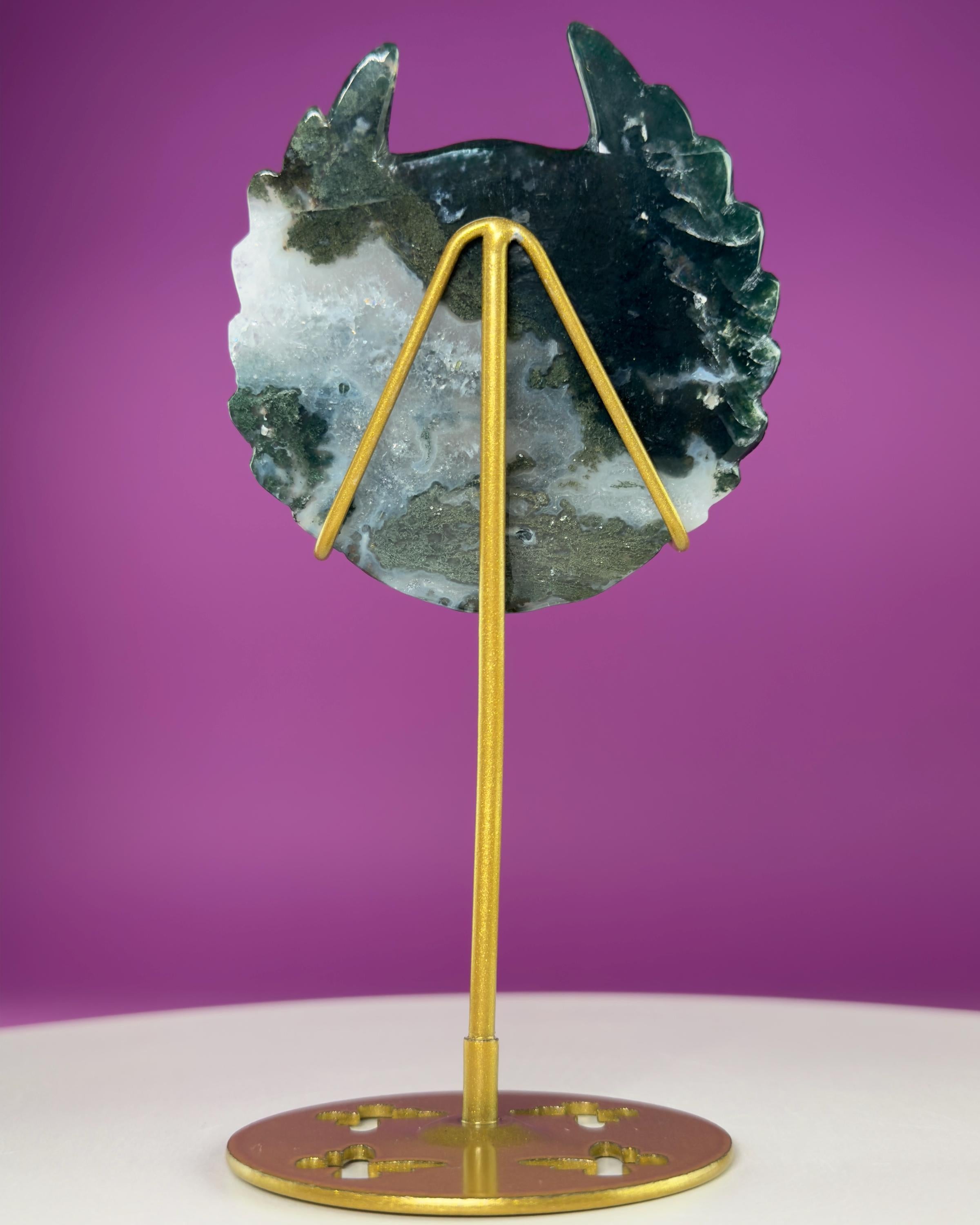 Moss Agate Paw Print Wings Crystal Carving on Gold Metal Stand
