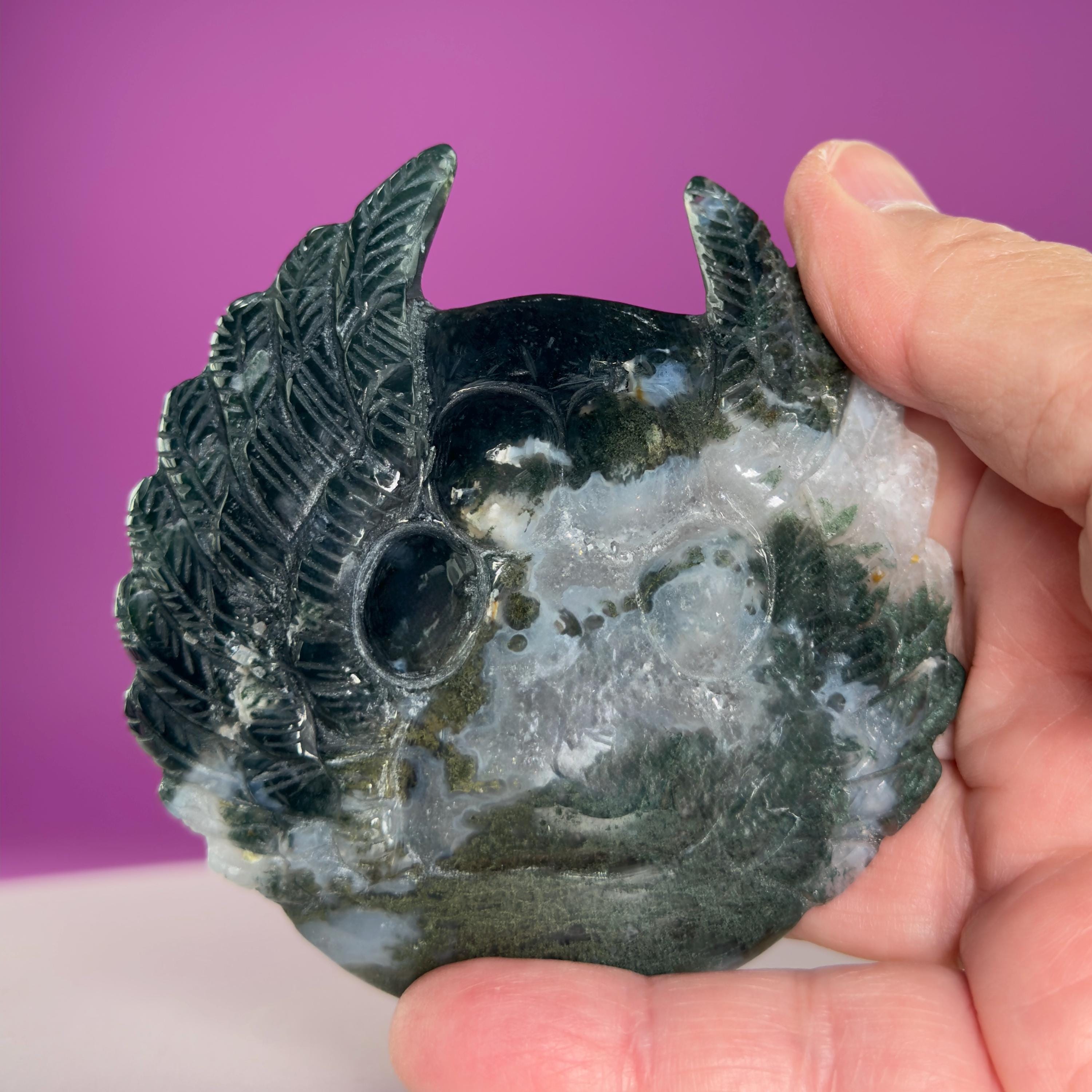 Moss Agate Paw Print Wings Crystal Carving on Gold Metal Stand