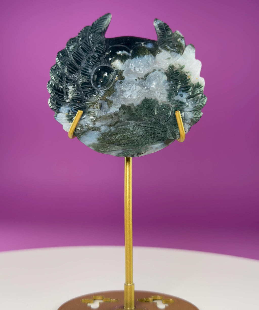 Moss Agate Paw Print Wings Crystal Carving on Gold Metal Stand