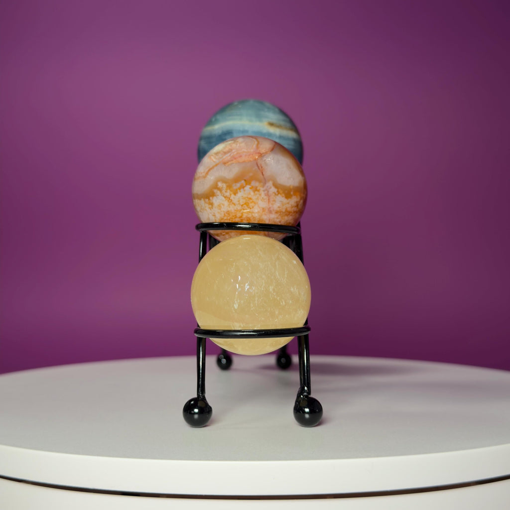 Mini Crystal Sphere Collection with Decorative Black Metal Stand | Collector Display