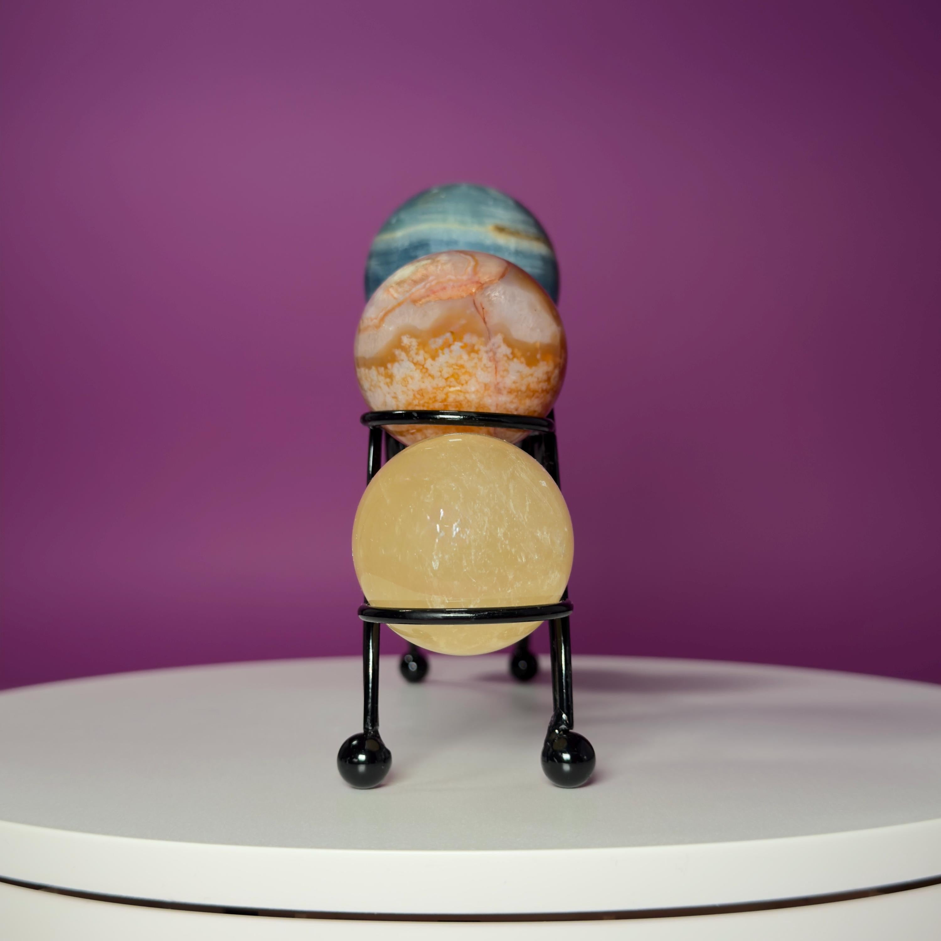 Mini Crystal Sphere Collection with Decorative Black Metal Stand | Collector Display