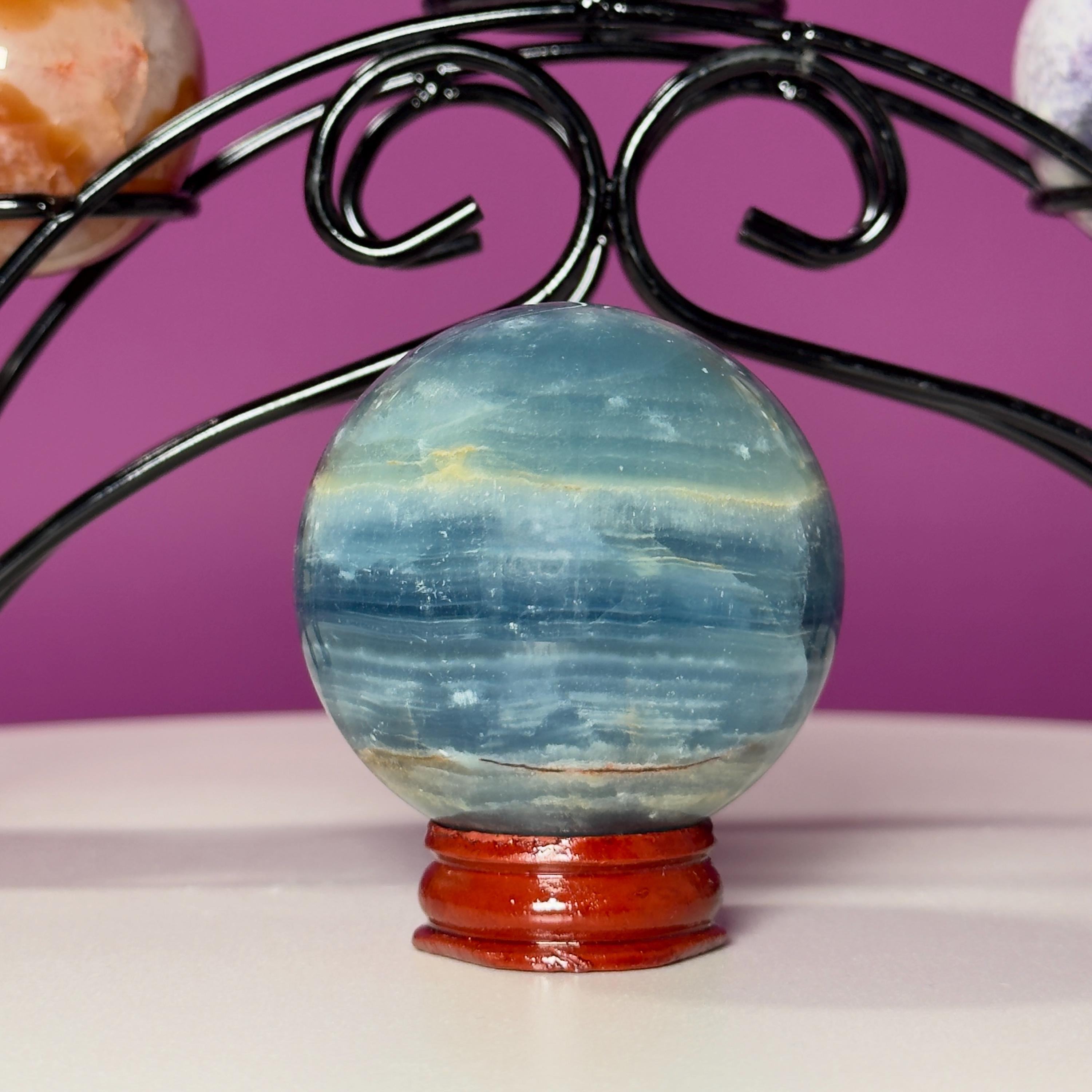 Mini Crystal Sphere Collection with Decorative Black Metal Stand | Collector Display