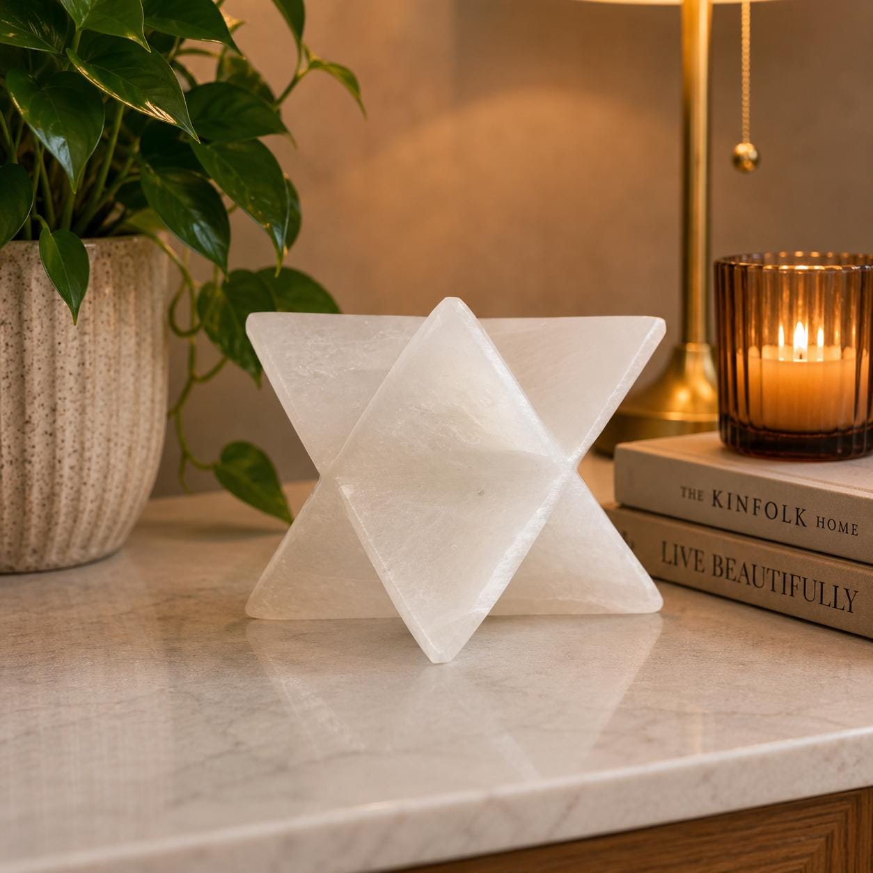 Large Selenite Merkaba Star Sculpture | Sacred Geometry Crystal Décor
