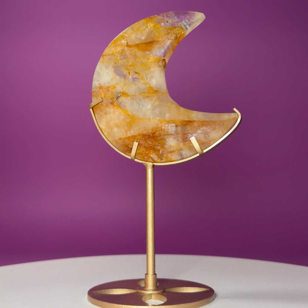 Golden Healer Moon Carving on Gold Stand | Crystal Décor