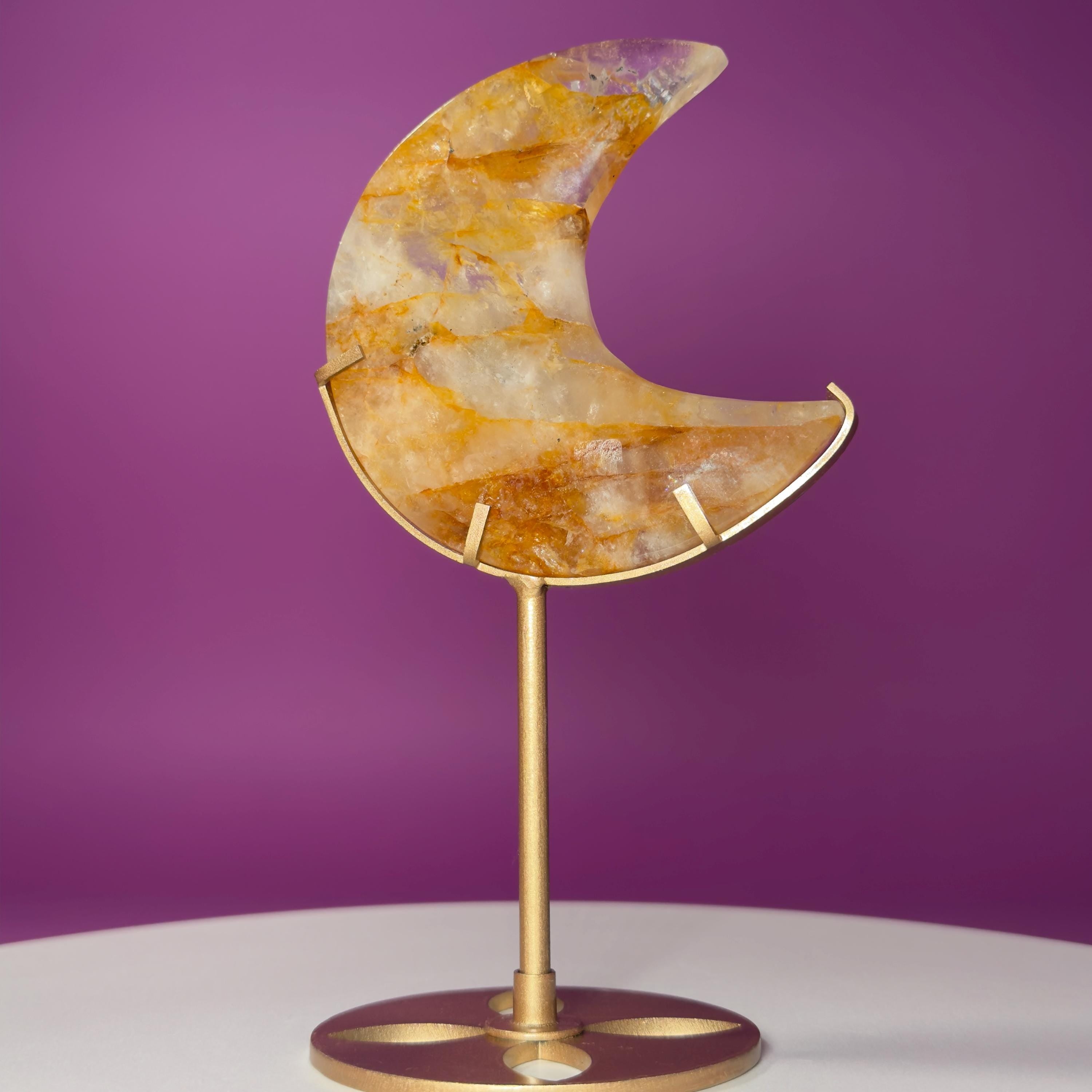 Golden Healer Moon Carving on Gold Stand | Crystal Décor