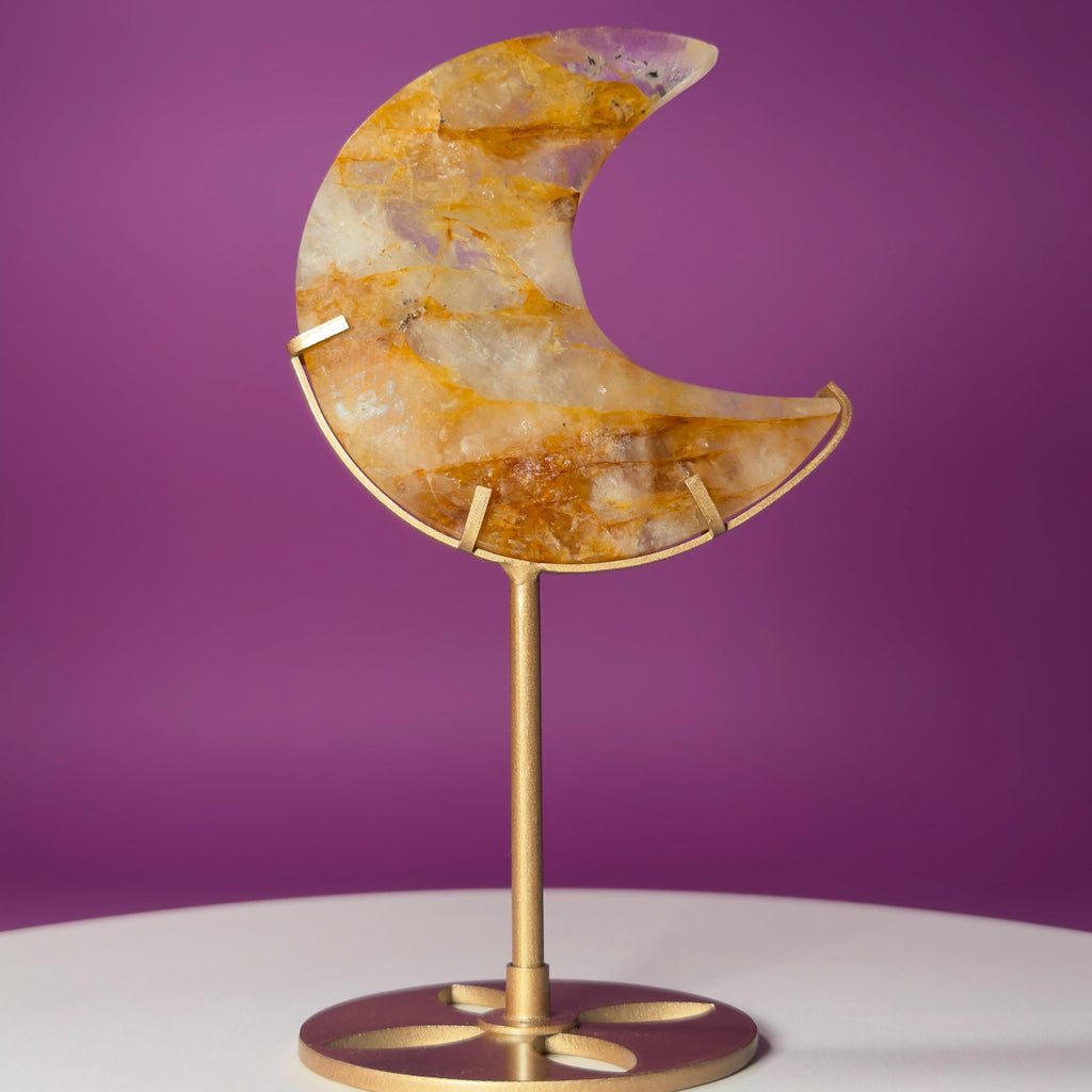 Golden Healer Moon Carving on Gold Stand | Crystal Décor