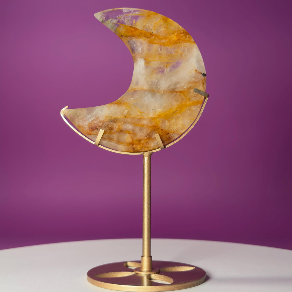 Golden Healer Moon Carving on Gold Stand | Crystal Décor