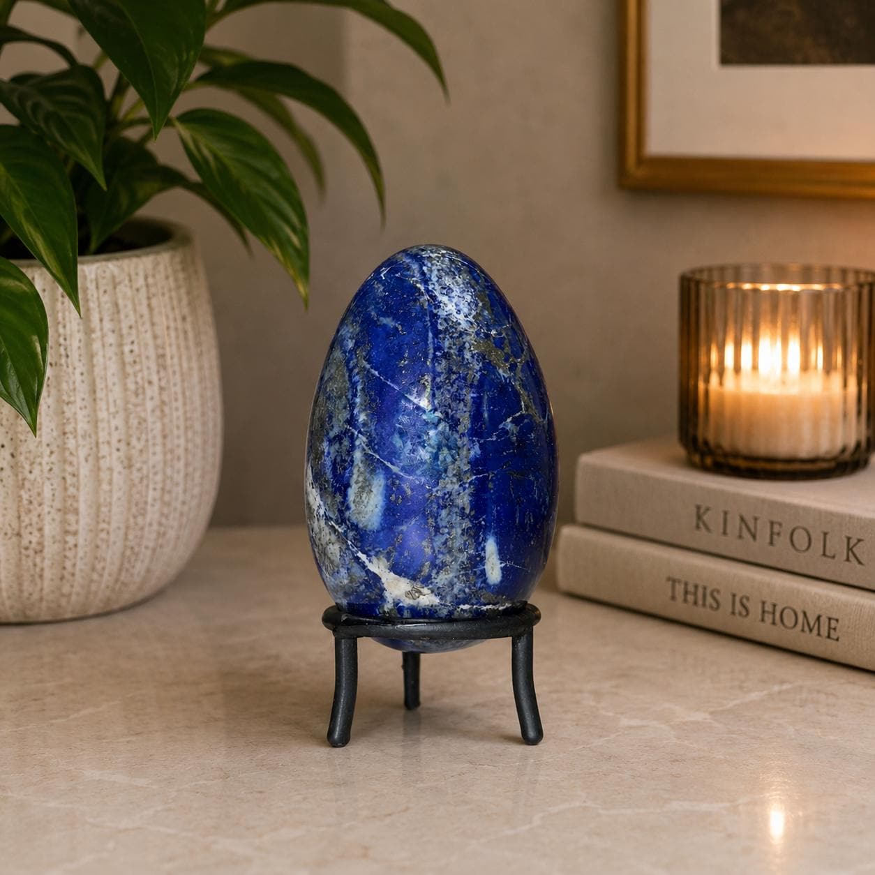 Lapis Lazuli Crystal Egg with Black Iron Display Stand